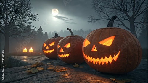 Scary Halloween Pumpkins Glowing at Night in Spooky Forest