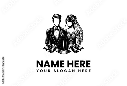 Elegant Wedding Logo Design Featuring a Bride and Groom in Classic Attire