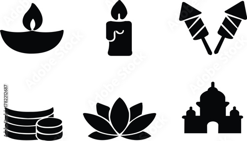 Diwali silhouette icon set. festival of lights, celebration, india symbols vector illustration