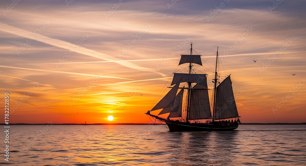 Fototapeta premium Sailing ship at sunset, a beautiful ocean scene with vibrant colors.
