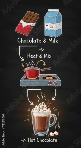 Step-by-step funny recipe for New Year Hot Chocolate on Blackboard  