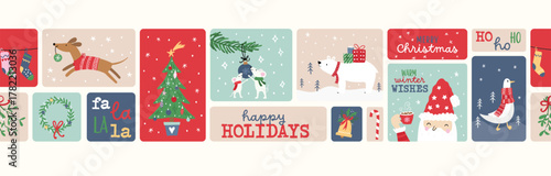 Cute hand Drawn Holiday Seamless Vector Pattern. Christmas Elements, doodle style Background. Simple Style Design  - great For Textile, Wallpaper,  Wrapping Paper