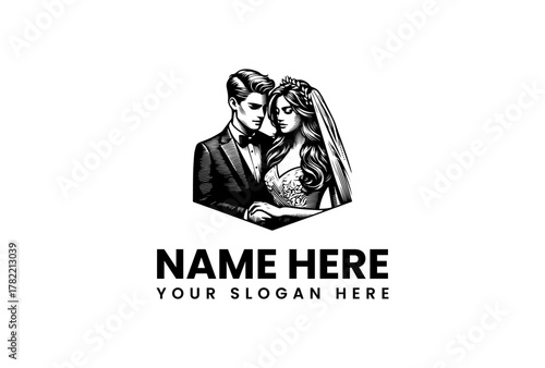 Elegant Wedding Logo Design Featuring a Bride and Groom in Formal Attire