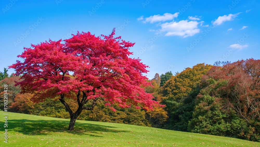 Naklejka premium Vibrant kochia surrounded by autumn foliage, showcasing seasonal change