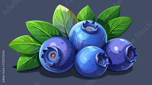 Very beautiful fresh Maine blueberries on a dark surface with green leaves, featuring soft natural lighting, rich blue tones, and a realistic clean food composition.