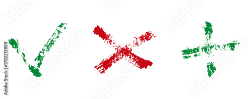 Check Marks Doodle. Yes, No and Plus Check Sign. Hand Drawn Brush Stroke Approval, Error and Addition Concept Silhouette Symbol Collection. Isolated Vector Illustration