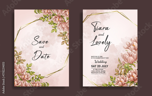 Vintage wedding invitation and save the date with pink floral watercolor design