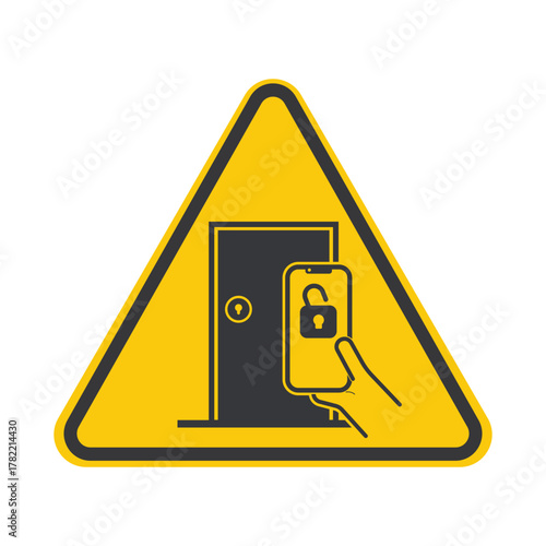 Isolated safety sign smartphone with a locked door symbol, representing modern smart door lock technology and mobile security control.
