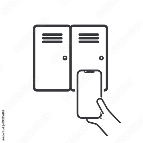 Isolated pictogram of storage locker with hand holding smartphone, symbol for phone deposit or storage area in public places.