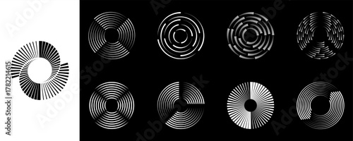 Abstract Spiral Circular Line Shapes Isolated on Black and White Background. Modern Dynamic Motion Geometric Shapes with Spiral Line Pattern. Isolated Vector Illustration