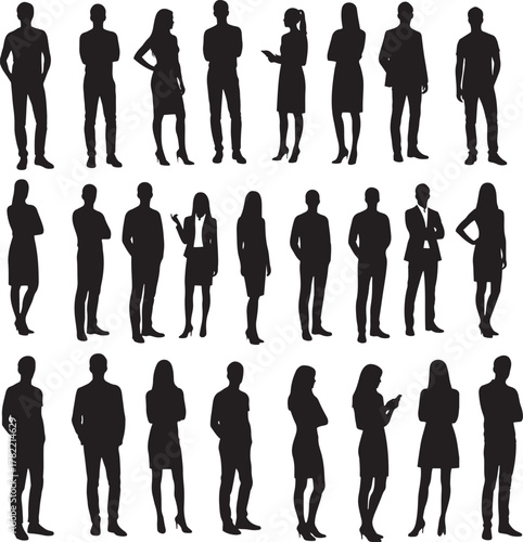 Vector Silhouettes of Business People – Men and Women Standing Group in Black on White Background