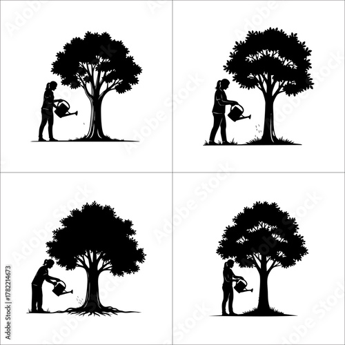 Set of 4 silhouettes of a child planting a tree. Concept of conservation and new life.