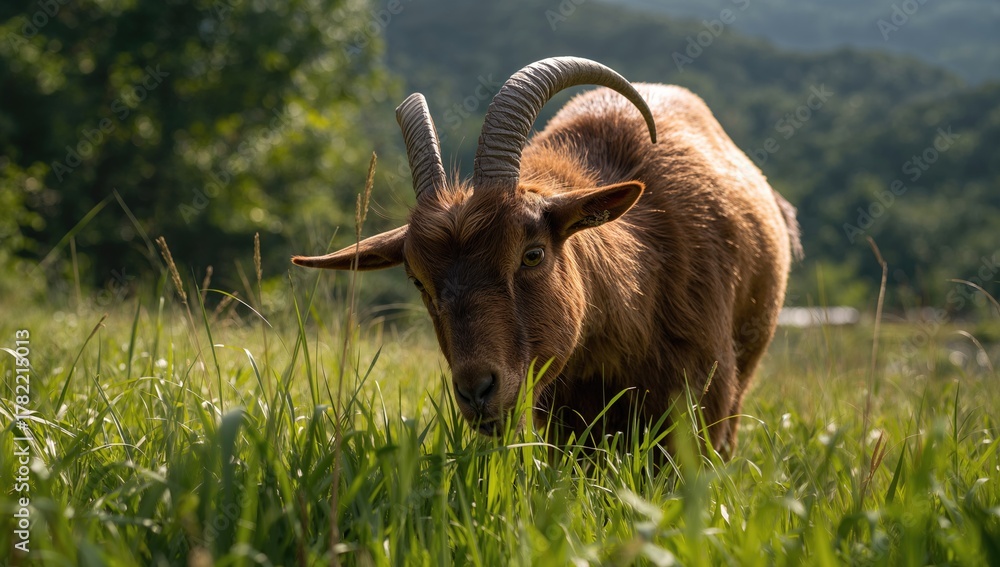 Fototapeta premium Goat Grazing on Grass in a Natural Setting, Observing Rural Lifestyle