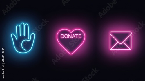 Neon hand, heart with the word donate, and envelope icons glowing on a dark background, representing charity and communication