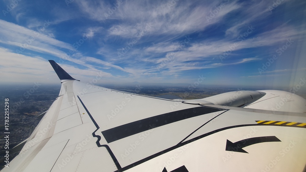 Obraz premium View from Airplane Window with Wing and Blue Sky