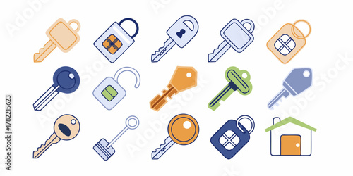 Collection of various flat design keys and locks with a house icon symbolizing home ownership and security