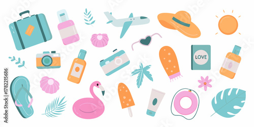 Collection of cute flat design summer vacation travel and beach icons on white background