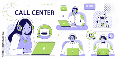 Diverse call center team with human agents and robots providing customer service and support