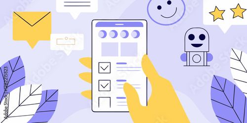 Hand holding smartphone with checklist and chatbot icons indicating customer service and feedback