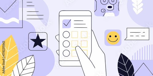 Hand holding smartphone with checklist and icons representing feedback and communication in a modern flat design style