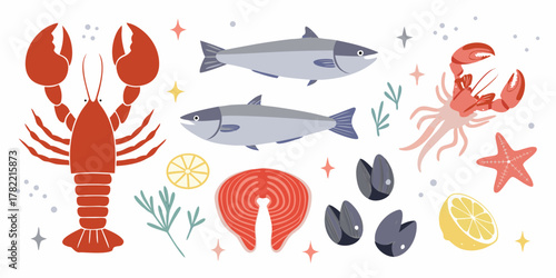 A colorful collection of seafood illustrations including lobster fish salmon steak mussels starfish and lemon slices