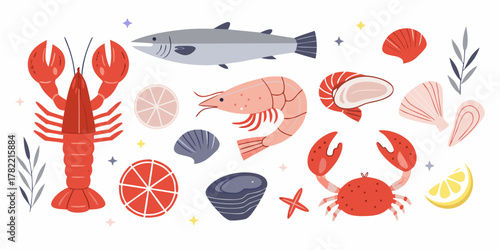 A vibrant collection of fresh seafood illustrations including lobster shrimp crab fish and shellfish with citrus and decorative elements
