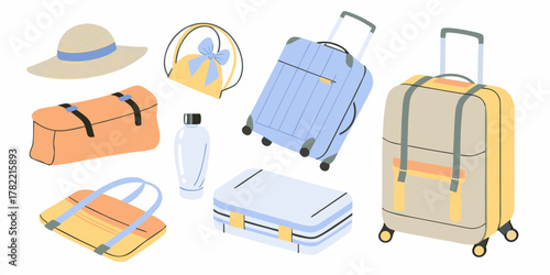 Collection of travel essentials including suitcases bags a hat and a water bottle