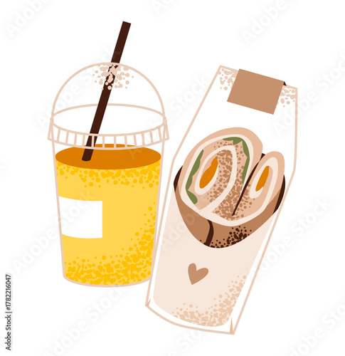 Healthy lunch combo with juice and wrap illustration. Vector illustration of a healthy takeaway meal showing a fresh sandwich wrap in packaging and a cold orange juice with straw.