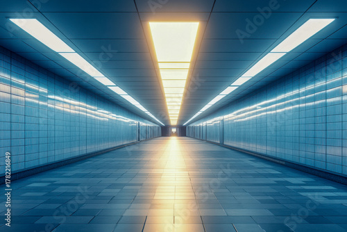 A clean and modern subway tunnel features bright lights and smooth tiles, creating a tranquil atmosphere in the early morning