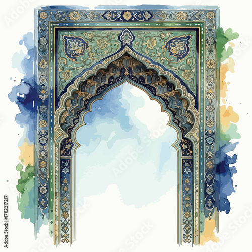 Vector Illustration of Ornate Archway with Traditional Islamic Geometric Pattern in Rich Blue Green and Gold Colors in Decorative Style