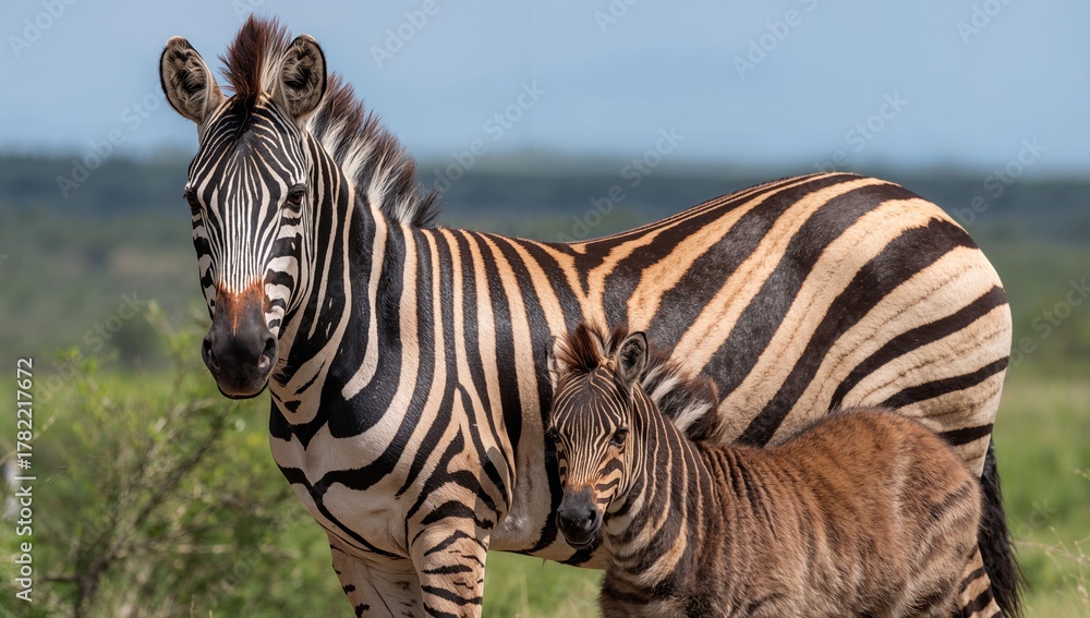 Obraz premium A zebra and her young foal standing together, observing maternal bond in nature