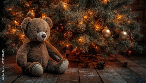 Retro bear by decorated tree during winter festivities indoors