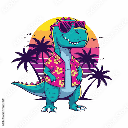 Cool T-Rex wearing sunglasses and a floral shirt against a vibrant sunset backdrop