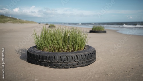 Fototapeta Naklejka Na Ścianę i Meble -  Car tires partially submerged in sand on a beach with emerging grass, erosion risk