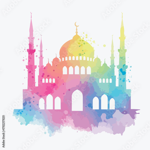 Watercolor Style Vector Mosque Illustration with Pastel Rainbow Colors in Artistic Modern Design