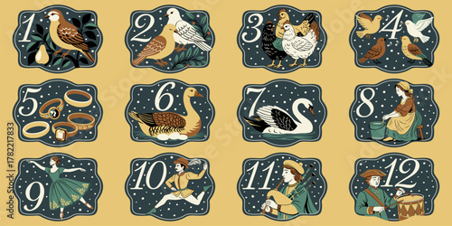 The twelve days of Christmas. English Christmas carol. Vector vintage illustration. Christmas countdown