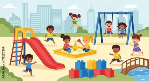 Joyful children actively playing and laughing on vibrant playground swings, slide, and sandbox in a sunny urban park setting