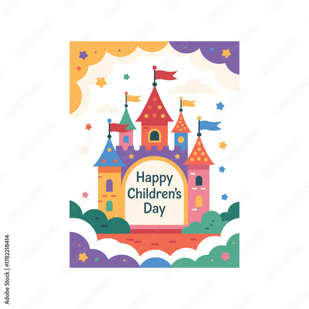 Fototapeta premium Whimsical cartoon castle with happy children's day message perfect for festive celebrations