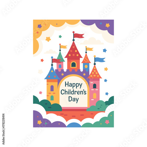 Whimsical cartoon castle with happy children's day message perfect for festive celebrations