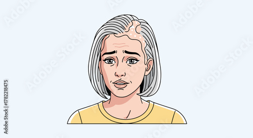 Vector illustration of a worried woman with thinning hair and visible scalp patches, showing signs of hair loss and distress, with subtle wrinkles on her forehead and around her eyes, against a plain