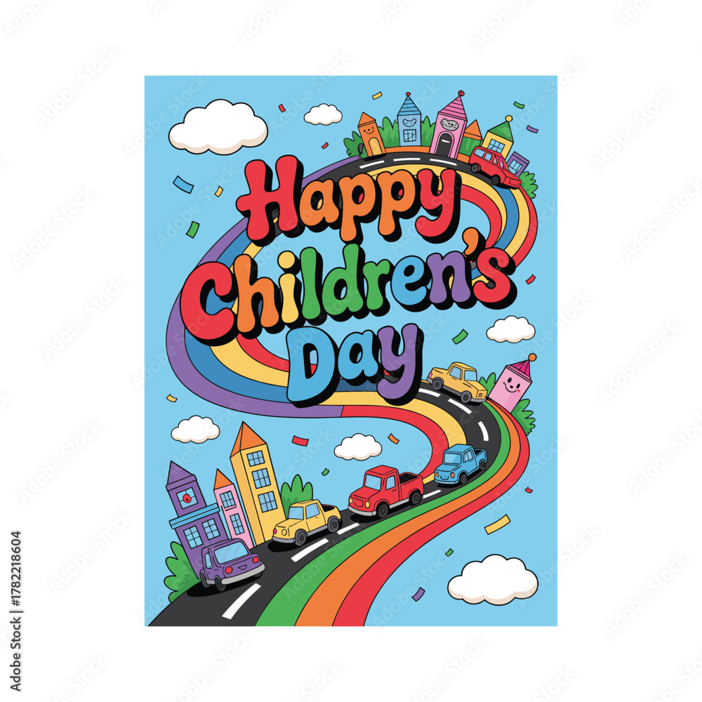 Obraz premium Joyful children's day celebration with colorful rainbow road happy cityscapes and playful vehicles