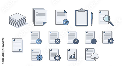 Collection of stylized vector cartoon illustrations representing various document and office-related icons, including stacks of paper, clipboards with pens, documents with checkmarks and crosses