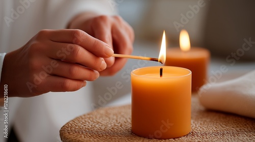 Close-up of fingers carefully striking a match and igniting the candle wick, warm amber glow reflecting on textured surfaces — representing relaxation, peaceful ambiance, hygge-inspired interior