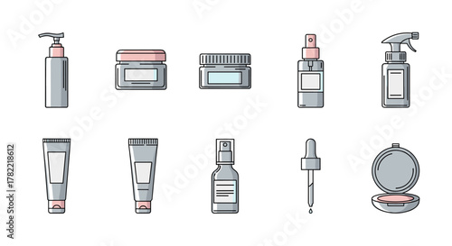 Set of cosmetic bottles and containers, including pump dispensers, jars, spray bottles, tubes, droppers, and compact powder, presented as clean, modern vector icons with a white background, suitable