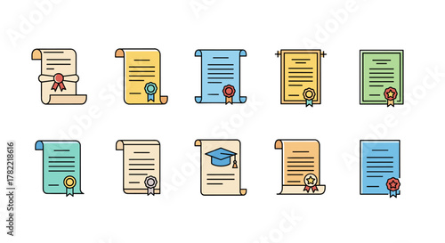 Collection of filled color icons representing diplomas or certificates, featuring minimalistic linear pictograms perfect for web and graphic design, apps, banners, and social networks, symbolizing