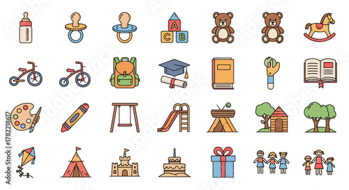 Vibrant Childhood Outline Icon Collection: A Whimsical Vector Cartoon Illustration Featuring Editable Strokes, Perfect for Infographics, Articles, Books, Flyers, and Banners, Capturing the Joy of