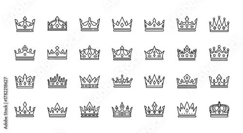Collection of 30 unique line art crown icons, perfect for graphic design, web design, apps, and advertising. This vector cartoon illustration set features a variety of royal headwear symbols on a