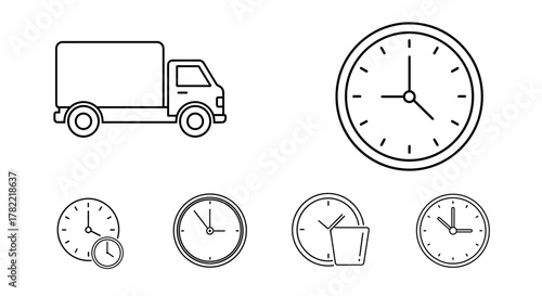 Delivery truck and clock outline linear symbol for graphic and web design, apps, adverts, various cards, vector cartoon illustration with a white background, representing logistics, time management