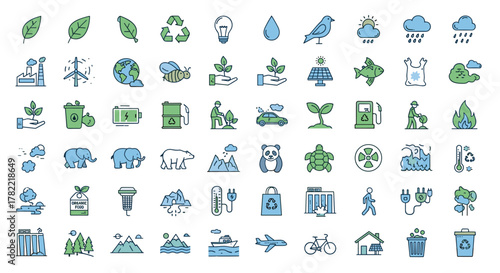 A comprehensive collection of flat design line icons representing ecology and environmental themes, featuring symbols for renewable energy, nature, pollution, and conservation, ideal for web and