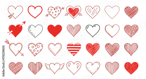 Collection of 24 hand-drawn doodle heart icons in various styles, including solid red, outlined, sketched, striped, dotted, and winged hearts, isolated on a clean white background, perfect for